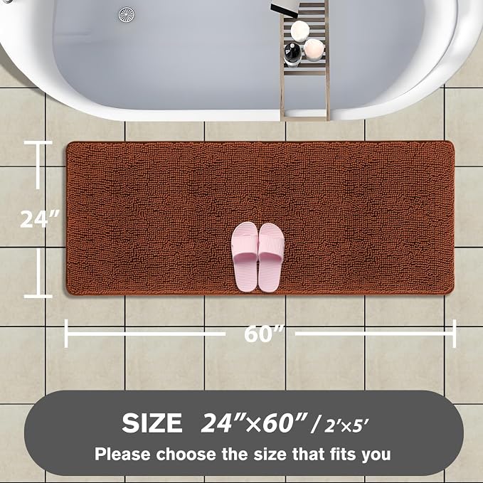 Bathroom Runner Rug 24 x 60 Inch – Extra Large Long Bath Mat | Absorbent and Washable Thick Chenille Bath Rug Non-Slip Runner Rug for Bathroom Floor, Shower, Sink(Rust)