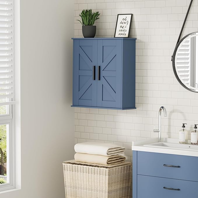Homleke Bathroom Wall Cabinet, Medicine Cabinet with Adjustable Shelves | 3-Tier Wall Mounted Over Toilet Storage with Barn Doors, for Bathroom, Kitchen, Entryway, Laundry Room, Blue, (7.9" D)