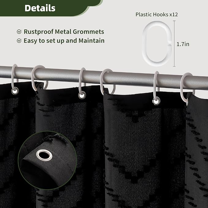 Siiluminisoy Boho Shower Curtain - Black Tassel Woven Fabric, 60 x 72 Tufted Chevron Striped Textured Modern Farmhouse Minimalist for Bathroom
