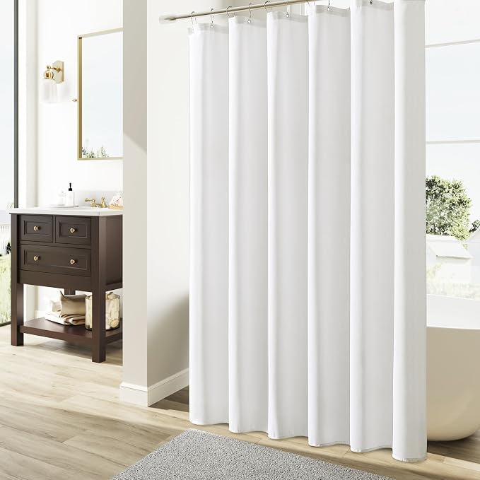 Extra Long Shower Curtain,96 Inch Long Linen Weighted Thick Fabric Bathroom Shower Curtain, Neutral Hotel Elegant Modern Farmhouse Style Bath Curtains Set with 12 Plastic Hooks,72x96, White