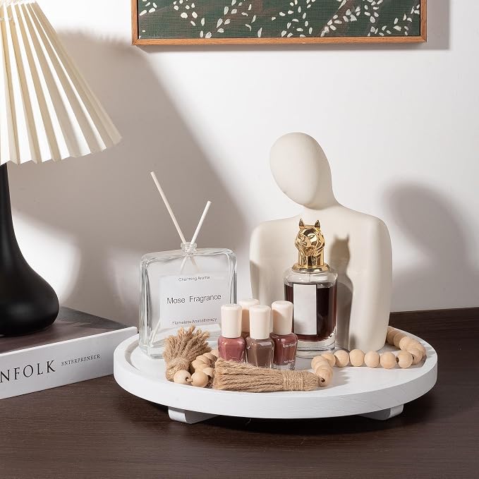 Round Decorative Tray Farmhouse Kitchen Decor Soap Dish, 12" White | Waterproof, Lightweight, Easy Clean, Wood Riser Pedestal Stand Accessories for Office Desk, Vanity, Counter, Sink