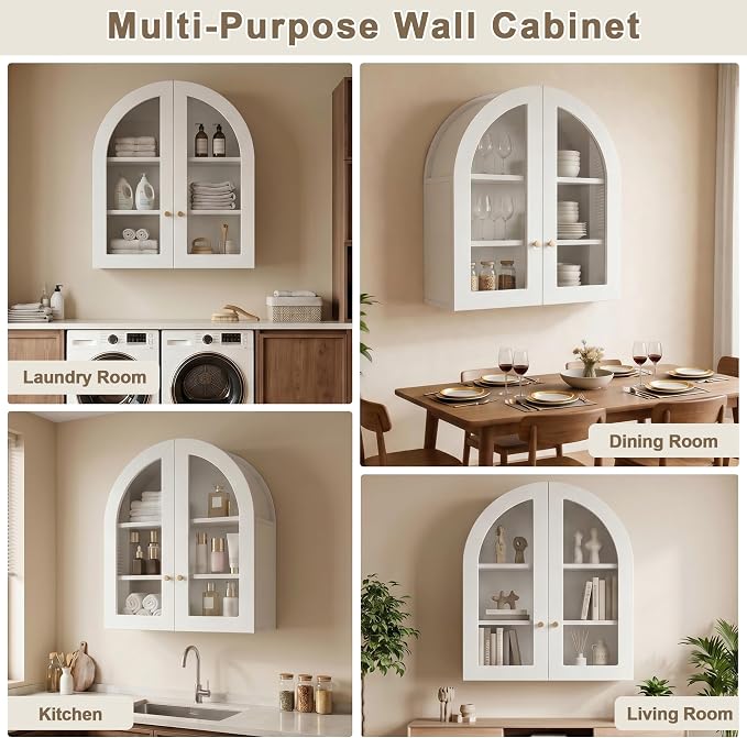 Arched Wall Cabinet, Bathroom Cabinet Wall Mount with Glass Doors & Adjustable Shelf, Floating Medicine Cabinet for Bathroom, Kitchen, Living Room Storage, White