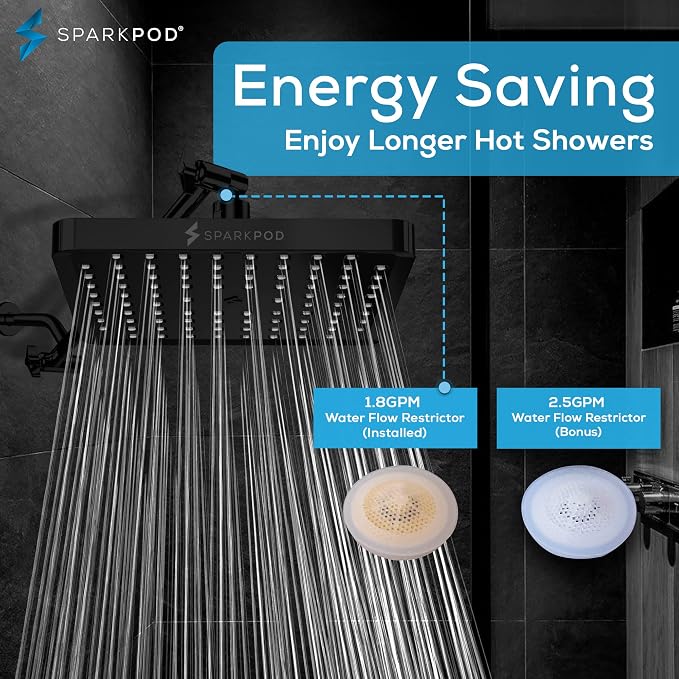 SparkPod Rain Shower Head, 8 Inch Square, Midnight Black Matte Finish | High Pressure Shower Heads, 90 Nozzles, Adjustable Showerhead, No Tools Needed, Universal Connection