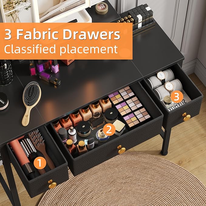 Small Makeup Vanity Desk 27.5''W with Mirror and Lights, 3 Drawers | USB Lighted Mirror, Height-Adjustable Stand, Fabric Drawers, Girls/Kids Gifts, Bedroom, Small Space, Dorm, Black