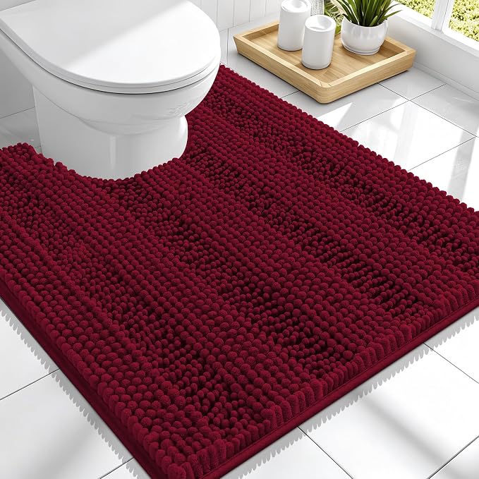 Smiry Thick Chenille Toilet Rugs U-Shaped 24x20, Soft Bath Mat, Burgundy | Absorbent Striped Contour Bathroom Rugs, Machine Washable, Dry Quickly, Non‑Slip, Modern Home Decor Accessories