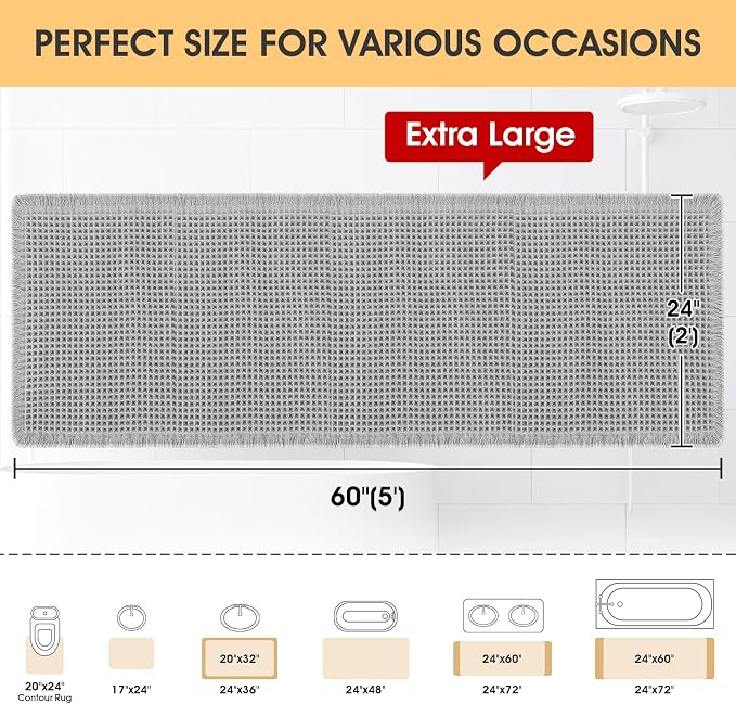 Waffle Bath Mat Light Grey 5'x2', Boho Woven Modern Bath Mat Rugs, Absorbent Non Slip Bathroom Rugs, Soft Washable Bath Rugs with Tassels for Bathroom, Bedroom, Kitchen, Shower, Tub