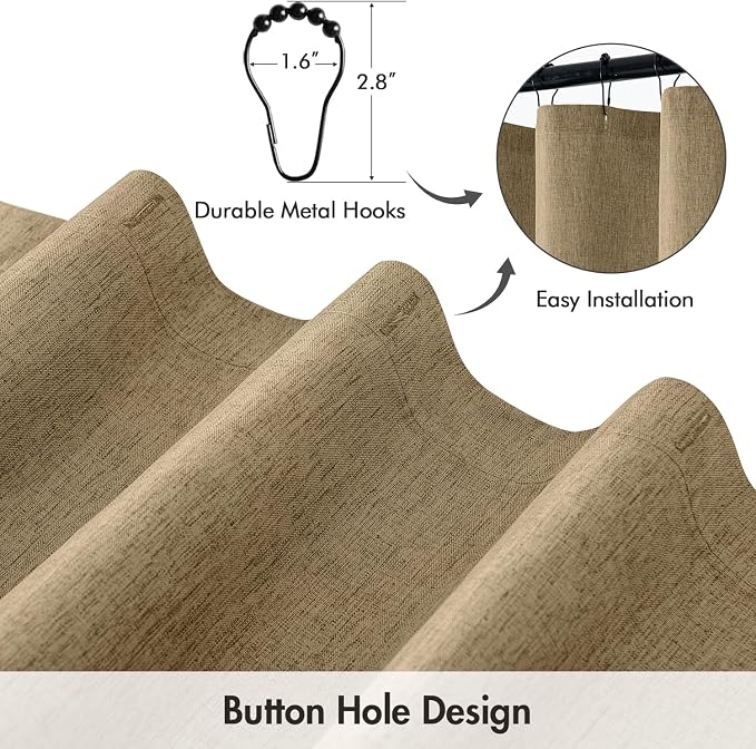 ANRODUO Khaki Linen Textured Fabric Shower Curtain Set - W72xL84 | Farmhouse Shower Curtain with 12 Metal Hooks, Waterproof Heavy Duty, Button Hole Design, Machine Washable for Bathroom