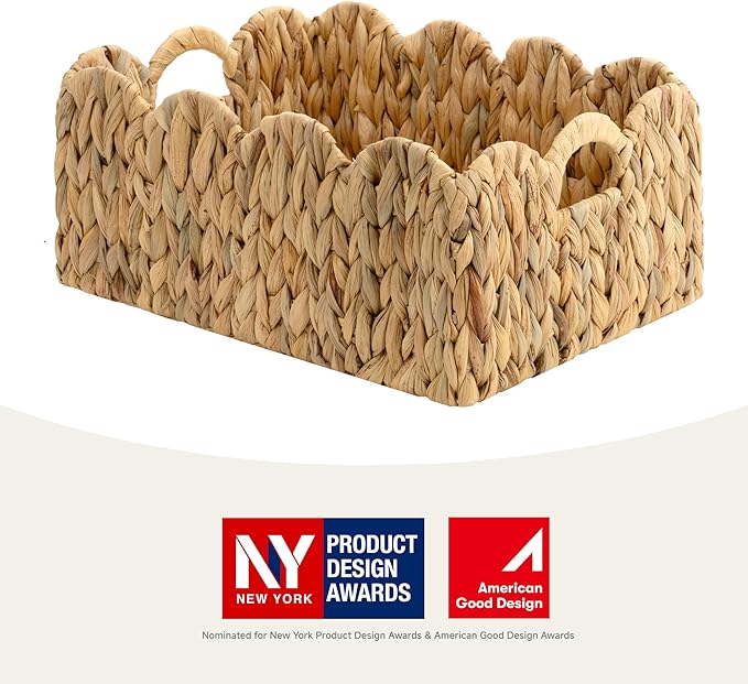 StorageWorks Wicker Baskets for Nursery, Water Hyacinth Scalloped Baskets | Scalloped Wicker Basket for Living Room, Decorative Scalloped Baskets for Storage, Wicker Baskets for Organizing and Decor