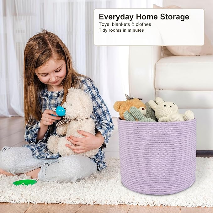 XUANGUO Cotton Rope Basket For Girls Boys Kids 16”X14” purple | Baby Laundry Baskets, Blanket Basket, Nursery Bin; Round Woven Basket Organizer for Toy Storage, Blankets, Shoes and Clothes