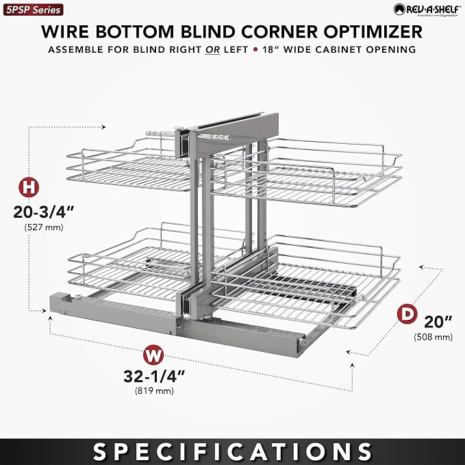 Rev-A-Shelf Dual Pullout Organizer for Cabinets, Min Opening Width of 18" | Two-Tier Adjustable 4-Basket Bottom Storage Shelves for Blind Corner Base Kitchen Cabinets, Heavy Duty Chrome Wire,5PSP-18-CR