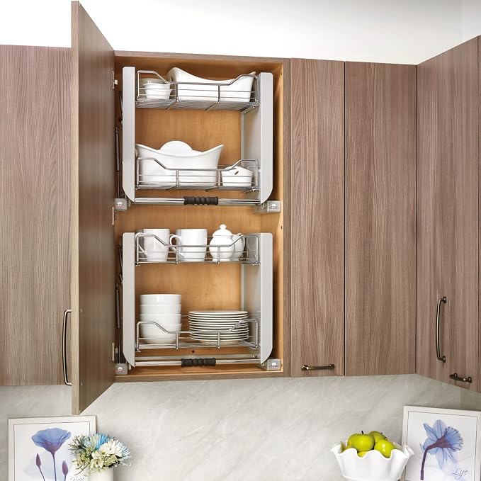 Rev-A-Shelf 24" Pull Down Heavy Duty Shelf Organizer for Tall Kitchen/ Bathroom Cabinets, Dual Tier Wall Mounted Pantry Storage, Chrome, 5PD-24CRN | Dual Tier Wall Mounted Pantry Storage for Tall Kitchen/Bathroom Cabinets, 5PD-24CRN