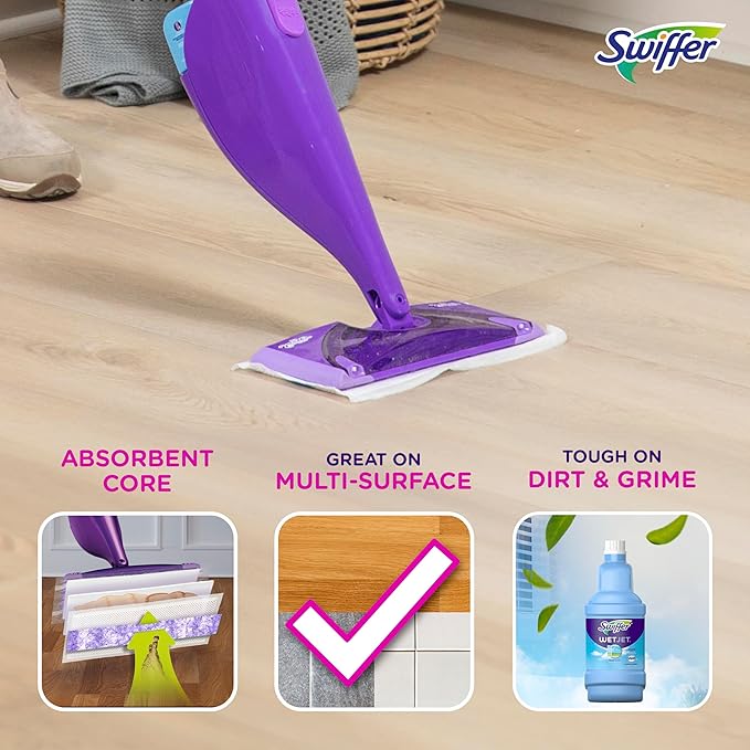 Swiffer WetJet Hardwood Floor Cleaner Spray Mop Pad Refill, Bathroom Cleaning Supplies, Hardwood Floor Cleaner, Multi Surface, 24 Count (Pack of 2)