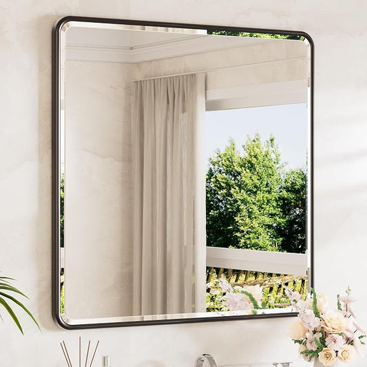 Black Vanity Mirror for Bathroom 36 x 36 Beveled Edge Tempered Glass, Rounded Corner Rectangle Wall Mirror for Modern Bathroom, Living Room, Bedroom, Entryway