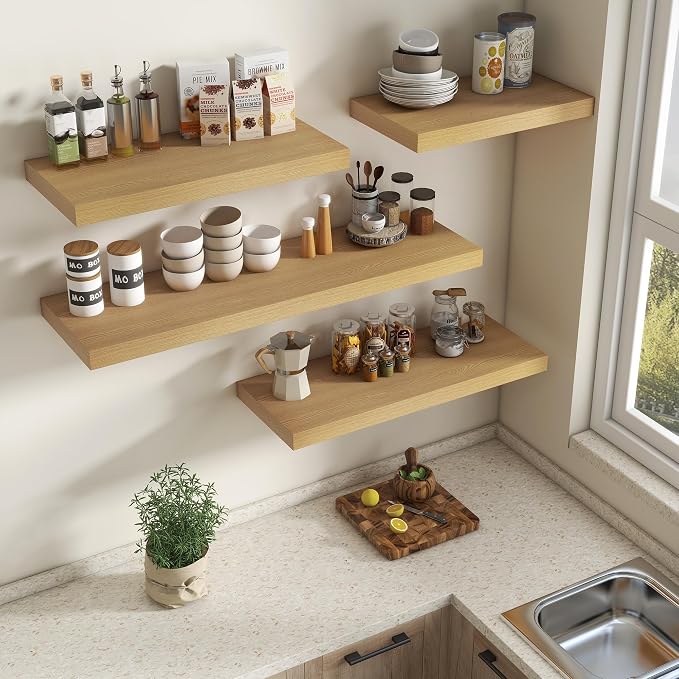 Vivelove Deep Floating Shelves 48x12” Set of 2, Oak | Easy Install With Hardware, 2" Thick, Invisible Brackets, Wall Mounted, No Sagging, For Any Room