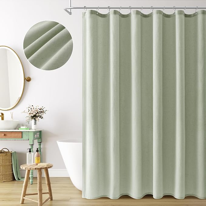 Mist Sage Linen Shower Curtain, Country Boho Farmhouse Bath Decor Shower Curtains Neutral Cloth Weighted Textured Fabric Bath Curtain Liner with Hooks, 72x72
