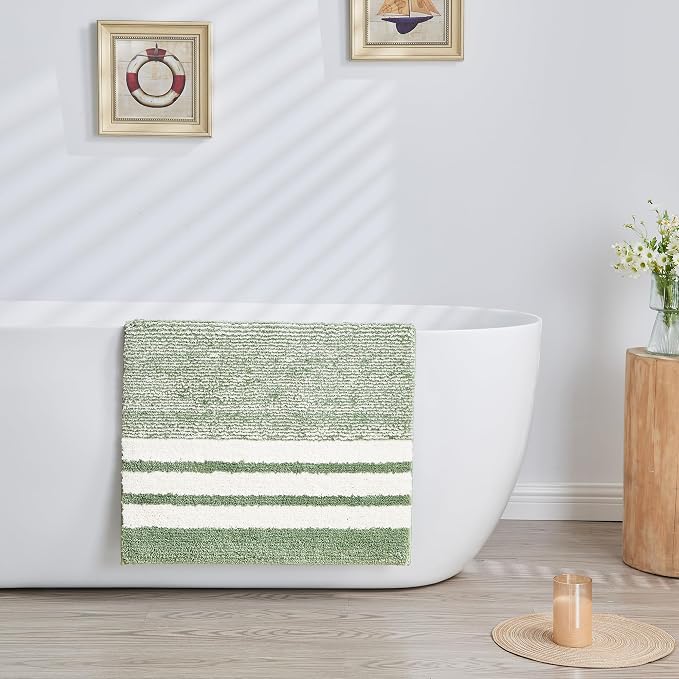 CozeCube Sage Green Striped 24"x16" Non Slip Washable Bath Mat | For Bathroom, Fluffy Absorbent Microfiber Bath Mats Machine Wash, Stylish Small Aesthetic Bathroom Rugs