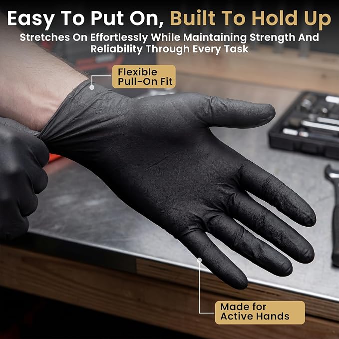 FifthPulse 6 Mil Black Nitrile Gloves, Heavy Duty Mechanic and Food Grade Glove - Powder-Free, Latex-Free Medical Exam Gloves