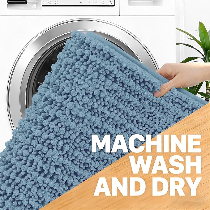 OLANLY Large Bathroom Rugs 59x35, Thick Soft Absorbent Chenille Bath Rugs | Airy Blue, Quick-Drying Rubber Backing, Shaggy Bath Mat, Machine Washable for Floor, Tub and Shower, Home Decor Accessories