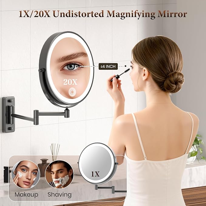 9" Large Wall Mounted Lighted Makeup Mirror, 5000mAh Rechargeable 1X/20X Magnifying Mirror with 3 Color Lights Touch Dimmable, Extended Arm 360° Swivel Bathroom Wall Mounted Makeup Mirror,Black Nickel