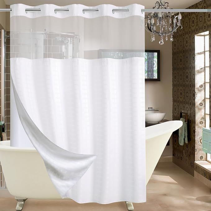 Conbo Mio Extra Long No Hook Shower Curtain with Snap in Liner Set, Hotel Luxury White Shower Curtains for Bathroom with See Through Top Window, Waterproof, Washable 71W x 84H
