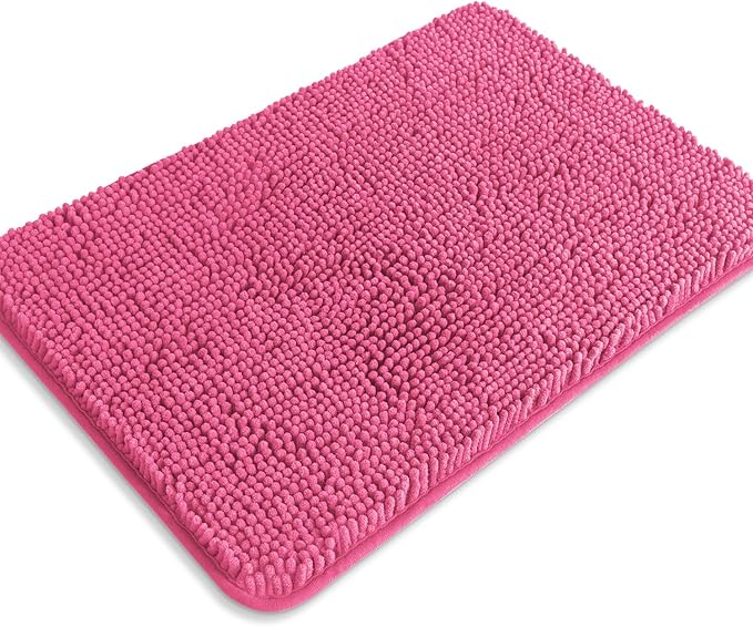 Hot Pink Bathroom Rugs – Absorbent and Washable Bath Mat, Non-Slip, Thick Soft Chenille Bath Rugs for Bathroom Floor, Shower, Sink - 17" x 24"