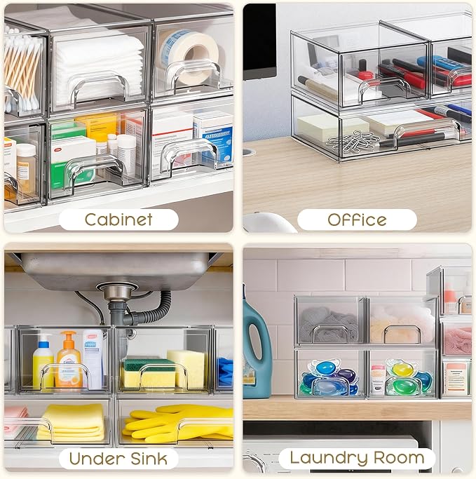 Stackable Storage Drawers, 6 Pack Clear Plastic Makeup & Bathroom Organizer, Versatile Storage Bins for Vanity, Under Sink, Kitchen Cabinets & Pantry