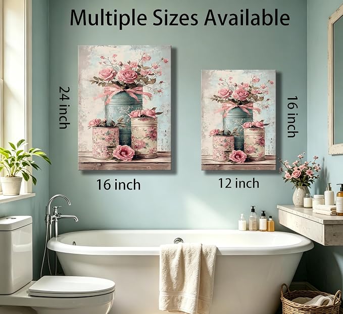 Vintage Pink Rose Flower Canvas Wall Art,Shabby Chic Canvas Print, Farmhouse Bathroom Wall Decor,Retro Blue Pink Flower Rustic Can Vase Painting,for Living Room Bedroom Home Office 16 X 24 In