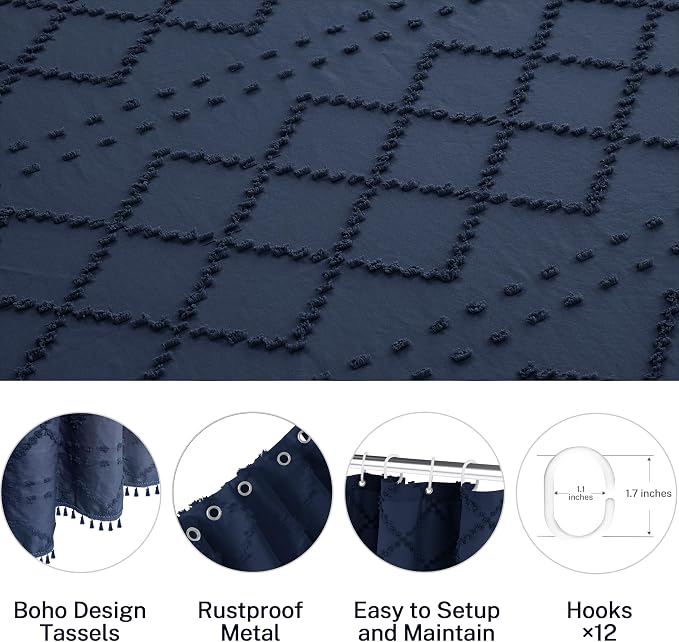 Siiluminisoy Navy Blue Shower Curtain Boho Shower Curtains Fabric, Tufted Chevron Textured Striped Modern Minimalist Cloth Shower Curtain for Bathroom, 72 x 72
