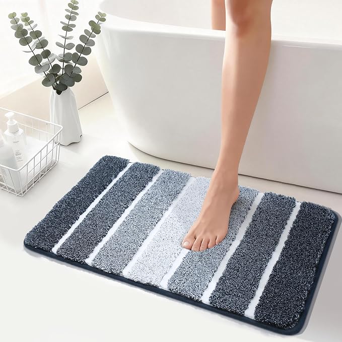 COSY HOMEER Bathroom Rugs 30x20, Ultra Soft Absorbent Bath Mat | Non-Slip TPR Backing Stays in Place, Machine Washable Bath Rug Shaggy Rug for Bathroom Floor, Dark Blue & White