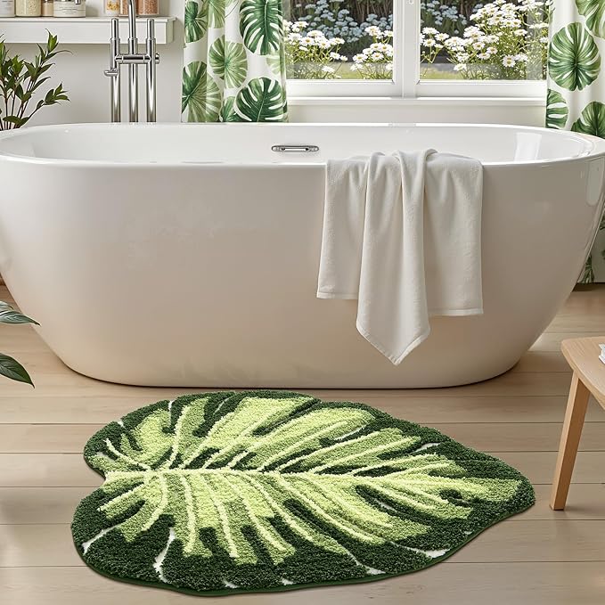 LUMI Bathroom Rug Green Leaf, Absorbent Non Slip Bath Mat, 31.5"x47" | Monstera, Soft Plush Microfiber, Quick Dry, Washable Cute Plant for Shower Floor, Bathroom, Sink Bathtub, Bedroom, Kids Room