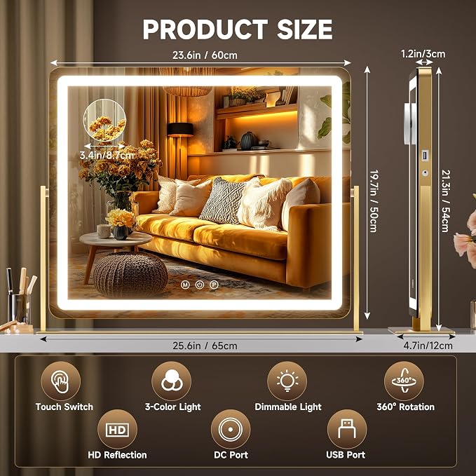 Hasipu Extra Large LED Vanity Mirror 25" x21” - Makeup Mirror with 10X Magnification, Phone Holder, USB Charging & Smart Touch 3-Color Lighting (Gold)