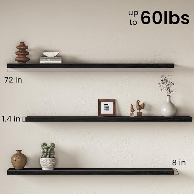 Fun Memories 72 Inch Floating Shelves for Wall 8 Inch Deep Black Shelves Set of 2, Wall Mounted Rustic Wood Long Floating Shelf, Large Display & Storage Shelf with Invisible Brackets
