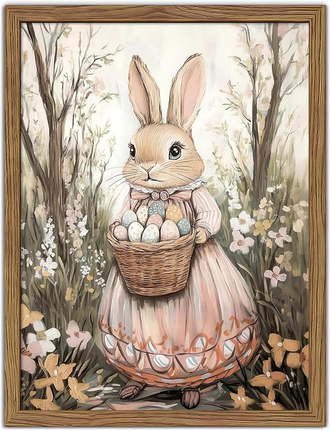 Easter Bunny Canvas Wall Art, Rabbit & Egg Basket Poster Prints, Farmhouse Style Holiday Wall Decor, Vintage Rustic Home Artwork for Kids Room Bedroom Living Room 12x16 inch Unframed