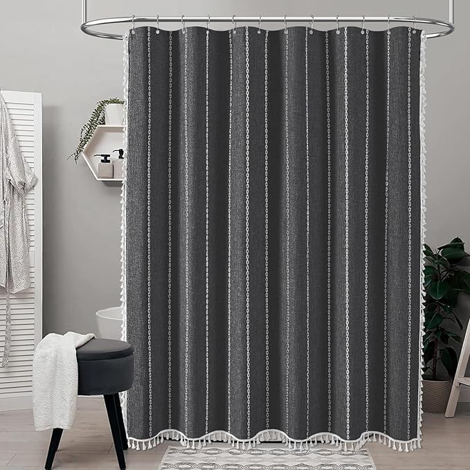 72x84 Long Farmhouse Linen Heavy Duty Shower Curtain, Charcoal Grey | Tall Size, 330GSM Linen Blend, Water Repellent, Vintage Striped Fabric, 12 Plastic Hooks, Rustic Country, Machine Washable
