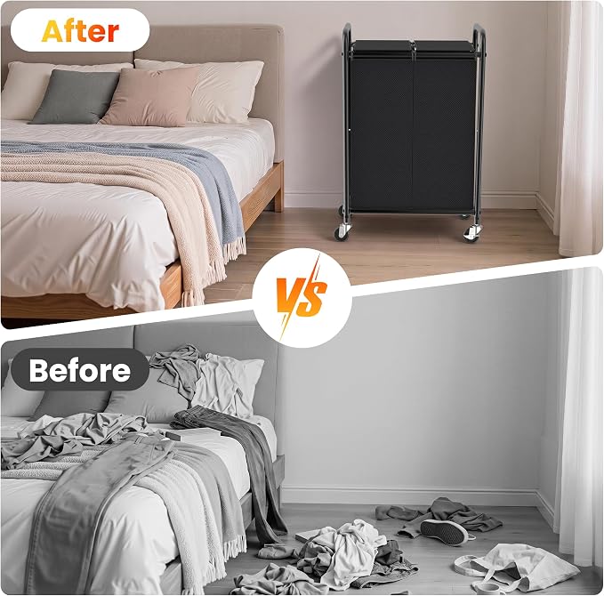 120L Laundry Sorter 2 Section, Rolling Laundry Basket with Wheels ＆ Lid | 31.7 Gal Laundry Hamper, 2 Separated Removable Bags, Lockable Wheels, Dirty Clothes Hamper for Laundry Room, Bedroom, Black