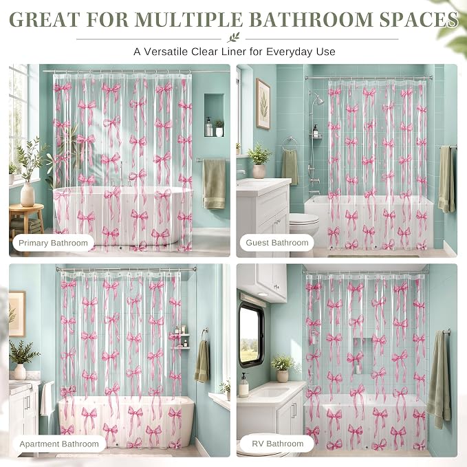 Clear Shower Curtain Liner, Pink Bow Preppy PEVA, 72x72 Inch | Cute Girly Waterproof Bath Plastic Shower Curtains Set with 3 Weighted Magnets and 12 Hooks for Bathroom Decor