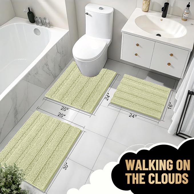 OLANLY Thick Bathroom Rugs 30x20, Soft Chenille Striped Bath Rugs, Vanilla | Rubber Backing, Machine Wash, Extra Absorbent Bath Mats for Bathroom Floor, Tub and Shower, Home Decor Accessories