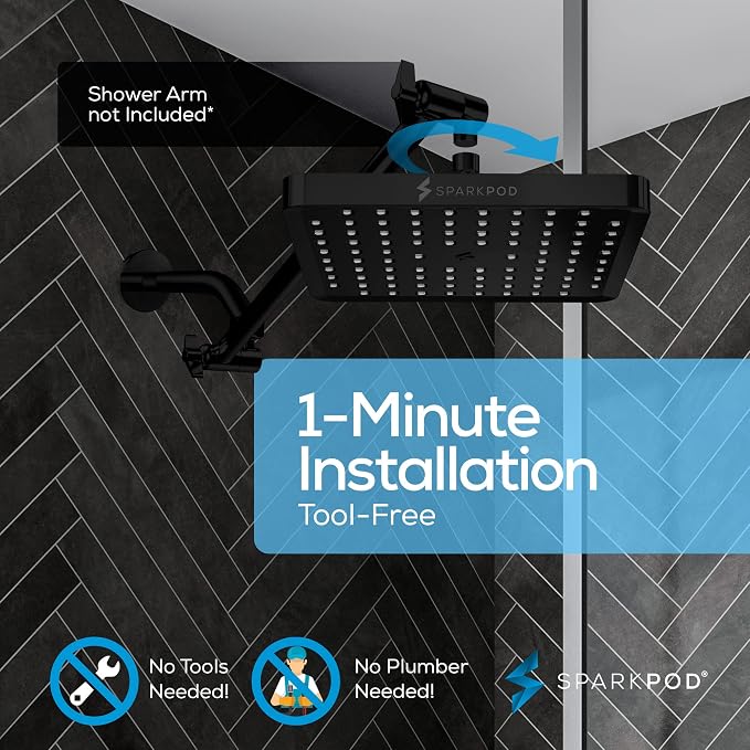 SparkPod Rain Shower Head, 8 Inch Square, Midnight Black Matte Finish | High Pressure Shower Heads, 90 Nozzles, Adjustable Showerhead, No Tools Needed, Universal Connection