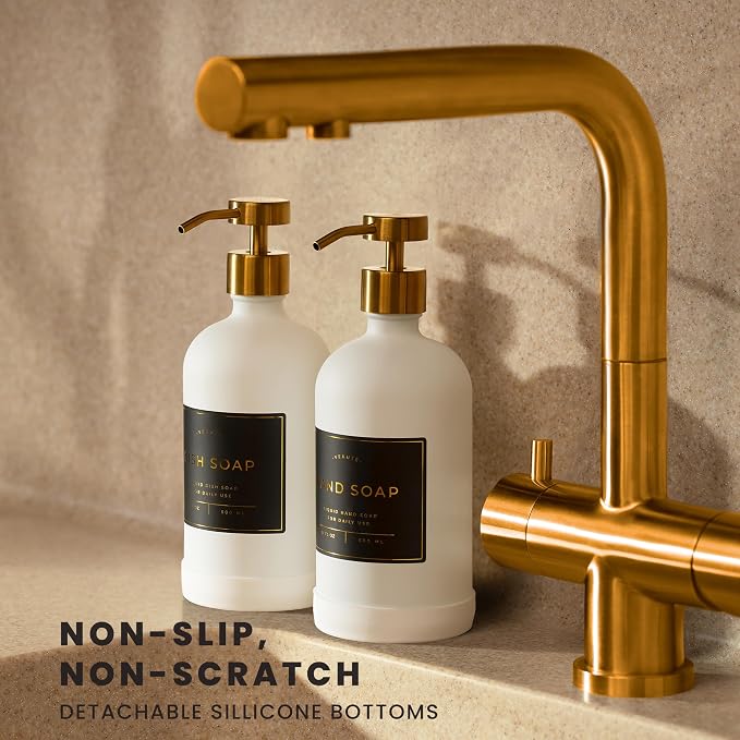 Hand and Dish Soap Dispenser for Kitchen and Bathroom, Set of 2 16 Oz Glass Bottles, Stainless Steel Pumps, Non-Slip Silicone Base, 27 Waterproof Labels (Matte White Bottle/Brushed Gold Pump)