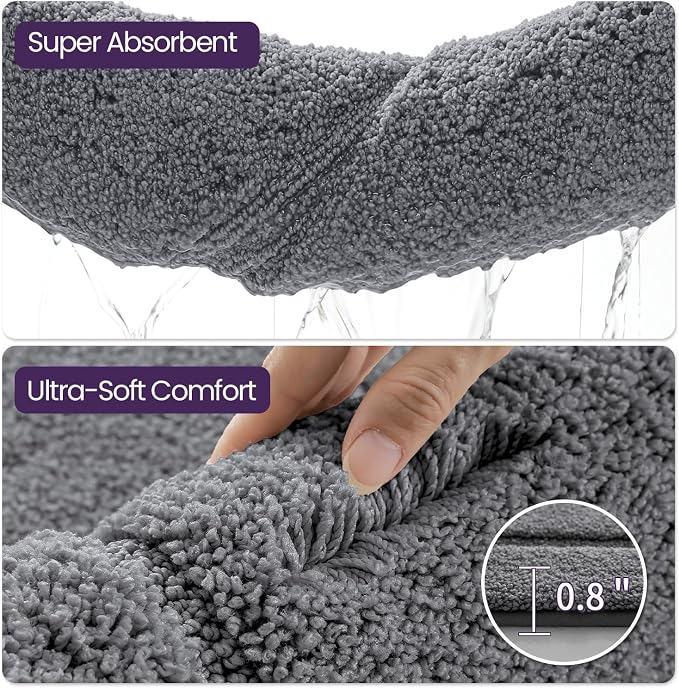 DEXI Bath Mat 43x24, Absorbent and Non Slip Bathroom Rugs, Grey | Soft Plush Microfiber Bathmat, Machine Washable & Quick Dry, Rubber Back Rug for Shower, Tub, Sink