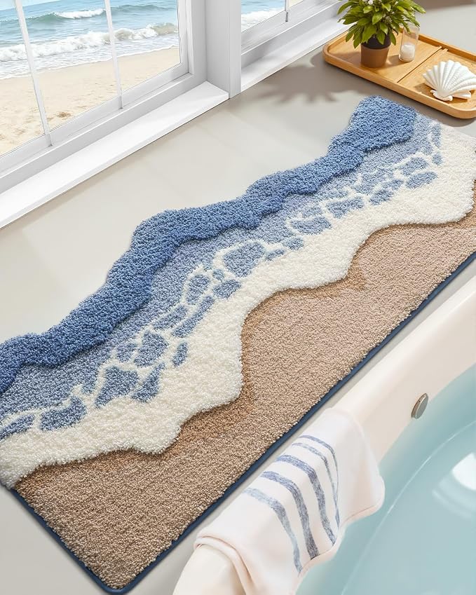 DEXI Cute Bath Mat, Sea Ocean Wave Bathroom Rugs, 43x26 Blue | Soft and Absorbent Microfiber, Non Slip, Machine Washable Bathmat for Shower Floor, Bedroom, Kids Room, Home Decor