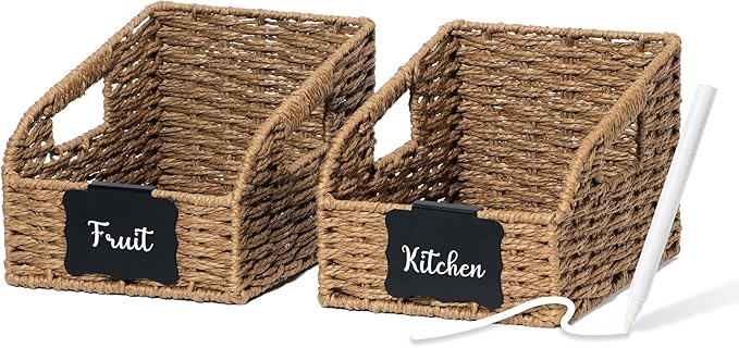 Wicker Baskets for Organizing, Pantry Baskets with Built-in Handles, Handwoven Wicker Storage Basket, Paper Storage Bins for Shelves, Small - 2pcs, Brown