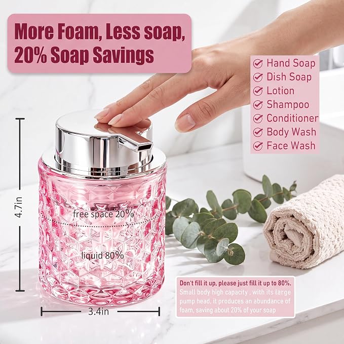 Malachi Foaming Hand Soap Dispenser, Refillable Clear Glass Foam Pump Bottle for Liquid Hand Soap, Dish Soap, Multi‑use for Bathroom, Kitchen & Commercial Use