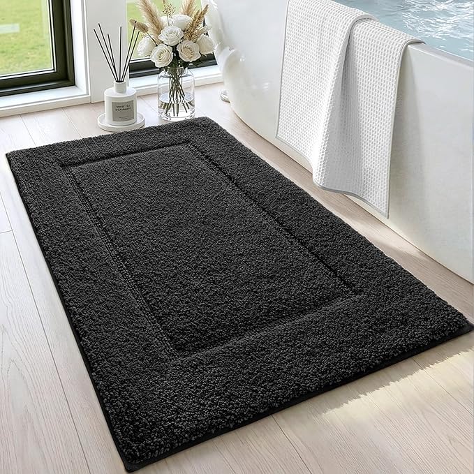 DEXI Bath Mat 32x20, Absorbent and Non Slip Bathroom Rugs, Black | Soft Plush Microfiber Bathmat, Machine Washable & Quick Dry, Rubber Back Rug for Shower, Tub, Sink
