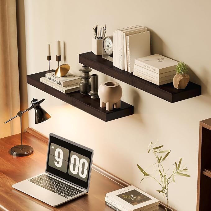 BAMEOS Solid Bamboo Floating Shelves, Set of 2 with Invisible Brackets, Natural Wood Grain Decor for Living Room, Bedroom, Kitchen, Bathroom & Office Storage