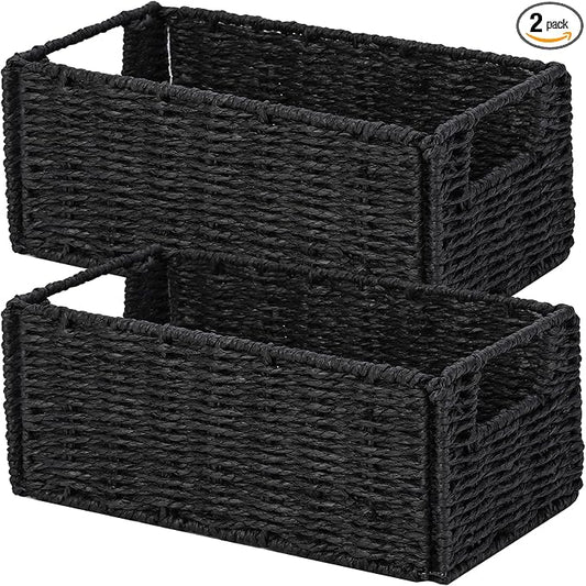 Wicker Storage Basket, Set of 2 Hand-Woven Paper Rope Wicker Basket, Small Storage Baskets for Organizing Toilet Paper Basket, Foldable Large Cube Storage Organizer Bins for Shelves (Black)