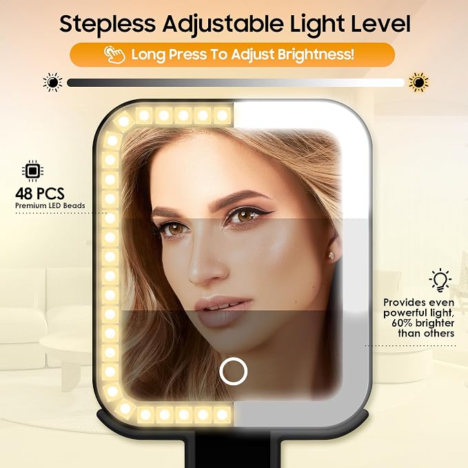 Small Travel Makeup Mirror with Lights(10" L x 5" W), Double-Sided 1X/30X Magnifying Mirror, 3 Color Lighting & Brightness Adjustable, Portable &Foldable Mirrors with Light (Black)