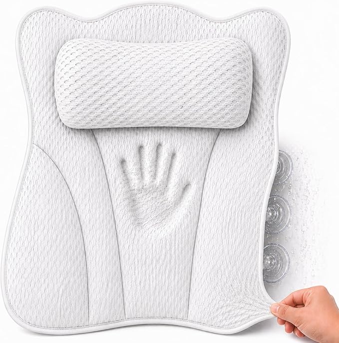 Bath Tub Pillow, Extra Thick Luxury Cushion with Strong Suction Cups for Head, Neck & Back Support, Breathable Spa Pillow for Relaxing Night Bath (White)