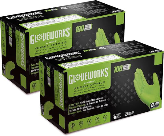 GLOVEWORKS Green Nitrile Gloves 8 Mil Heavy Duty Texture Chemical Resistant | Mechanic and Cleaning Gloves, Suitable for Heavy Duty Industrial Use, Chemical Resistant, HIgh-Visibility Color, Bulk Options
