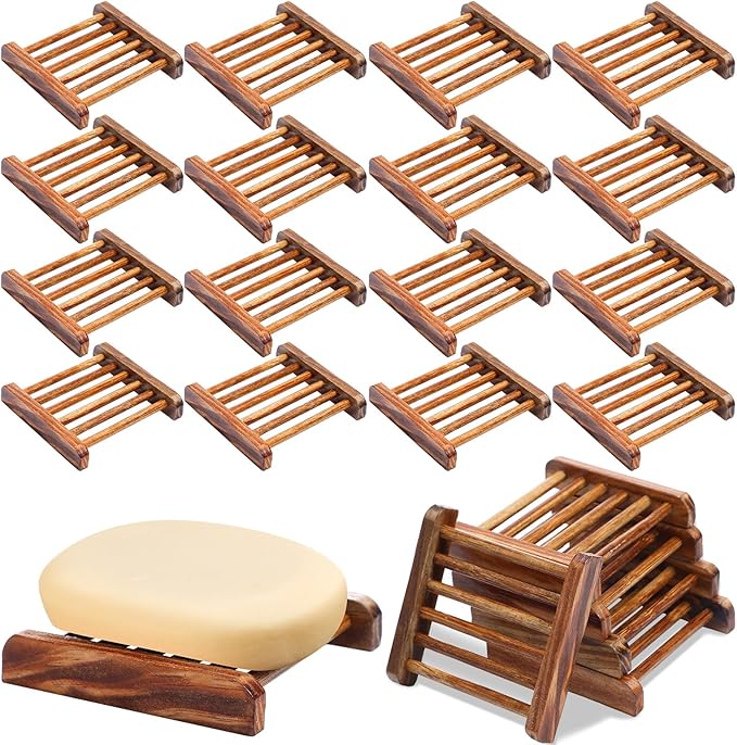 25 Pcs Bamboo Wood Soap Dish Bulk Bathroom Wooden Soap Holder Savers Self Draining Dishes Handcraft Tray, 3.3 x 3.3 x 0.67 Inch (Charcoal Color)